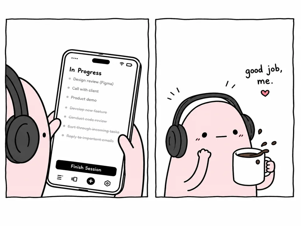 A character wearing headphones holds a phone showing the "In Progress" screen in Maybe — all tasks completed, a cup of coffee nearby, with the caption "good job, me."