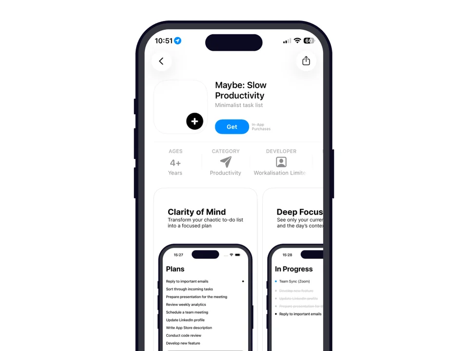 iPhone screen showing the Maybe app open against a dark background, minimalist task list interface