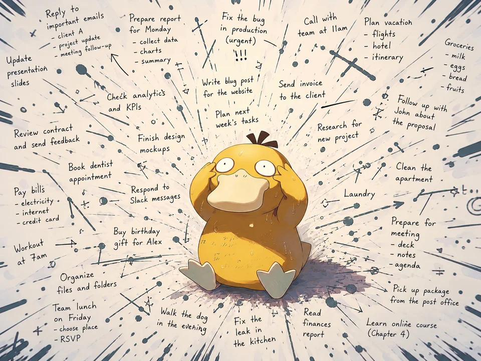 Un pato de dibujos animados sentado en el centro mirando abrumado, rodeado de decenas de tareas escritas a mano volando alrededor — correos, informes, reuniones, recados. Una ilustración de la sobrecarga cognitiva de una lista de tareas repleta
