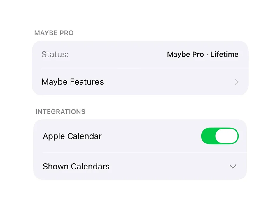 Maybe app settings screen showing Maybe Pro section with Lifetime subscription status and Integrations section with Apple Calendar toggle and Shown Calendars option