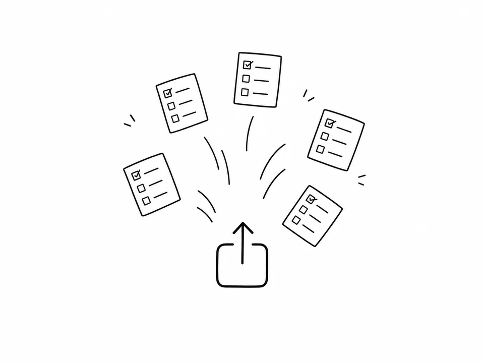Minimalist illustration: several checklist cards flying into an open tray — a symbol of collecting and organizing tasks in Maybe