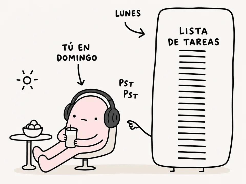 Un personaje animado con auriculares descansando con una bebida el domingo, mirando una enorme lista de tareas que se cierne sobre el lunes — ilustración de la ansiedad dominical antes de la semana laboral