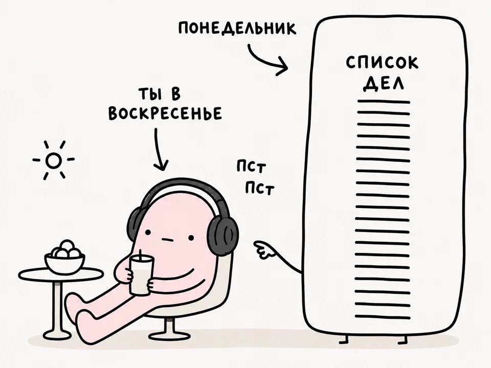 Мультяшный персонаж в наушниках сидит расслабленно с напитком в воскресенье и смотрит на огромный «Список дел», нависающий над понедельником — иллюстрация воскресной тревоги перед рабочей неделей