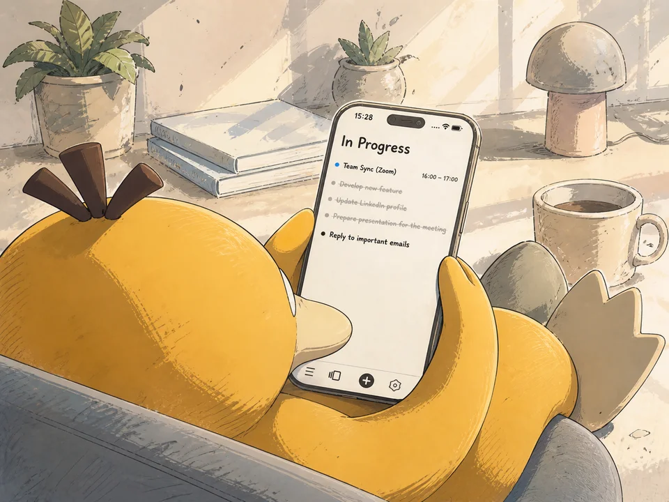 Un pato relajado mirando un teléfono con la pantalla «In Progress» — una lista corta de tareas enfocadas con un evento de calendario próximo, ambiente acogedor, sensación de calma y enfoque