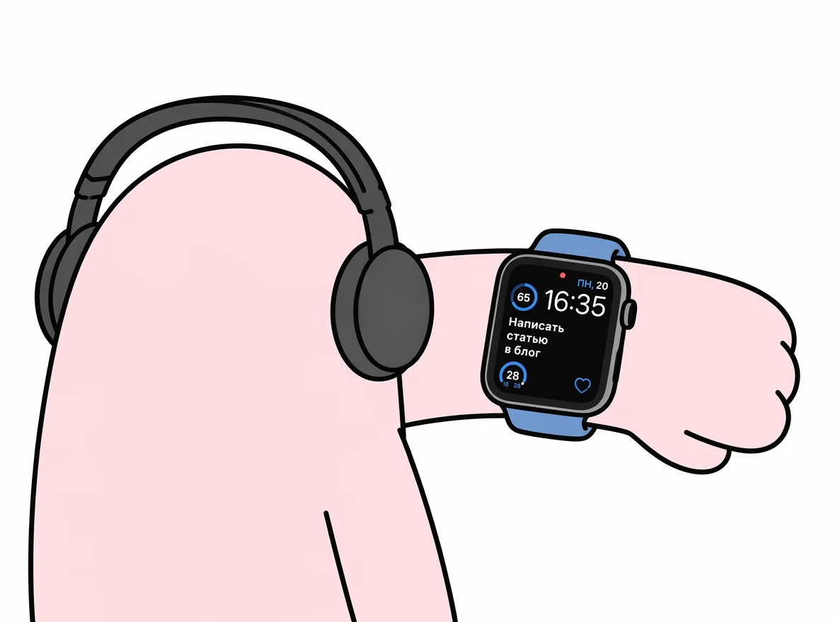 Рука персонажа-маскота Maybe в наушниках с надетыми Apple Watch на синем ремешке: на циферблате время 16:35, дата «Пн, 20» и текущая задача «Написать статью для блога» прямо под часами