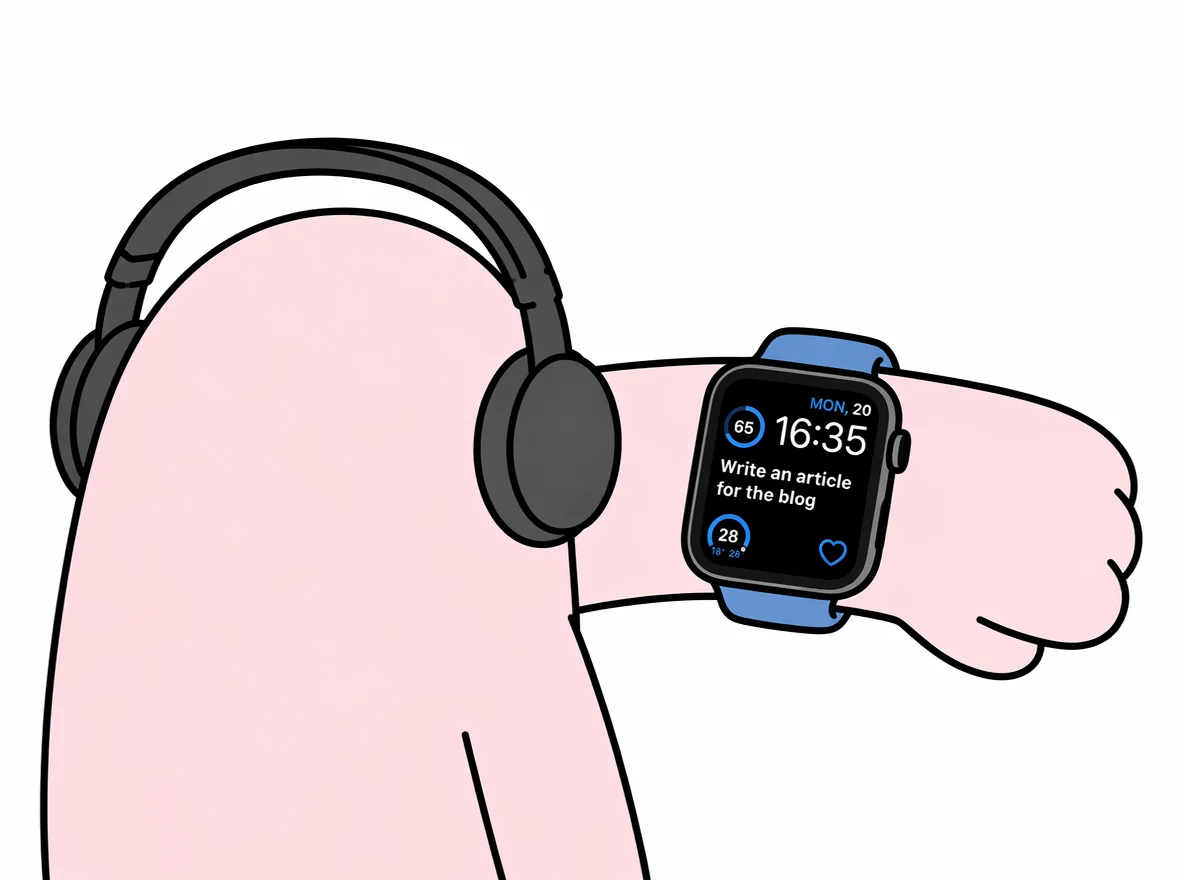 The arm of the Maybe mascot, wearing headphones, with an Apple Watch on a blue band: the face shows 16:35, the date MON 20, and the current task "Write an article for the blog" right under the time