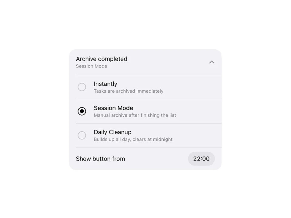 Maybe settings showing three task completion modes: Instant, Session, and Evening Clear