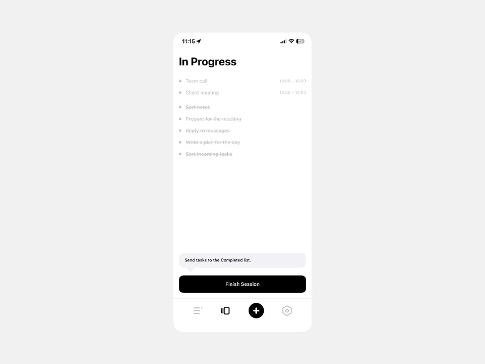 Maybe app showing the End Session button — all tasks completed, a list of checked-off items accumulated during a work block